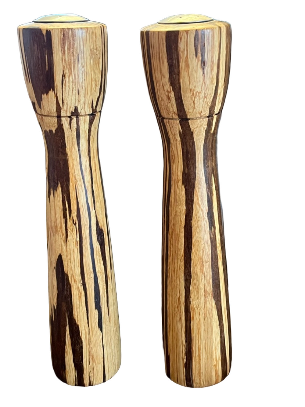 VTG Mid Century Tiger Wood Salt and Pepper Mill Set - 12" Tall